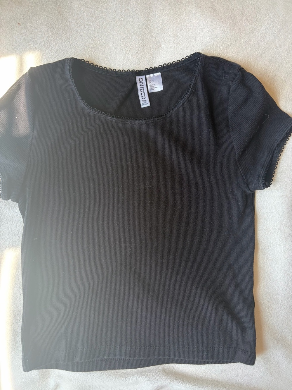 Divided Black Ribbed Short Sleeve Top with Lace Trim